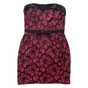Mystic Los Angeles Women’s L Deep Red Black Floral Lace Bow Strapless Mini Dress